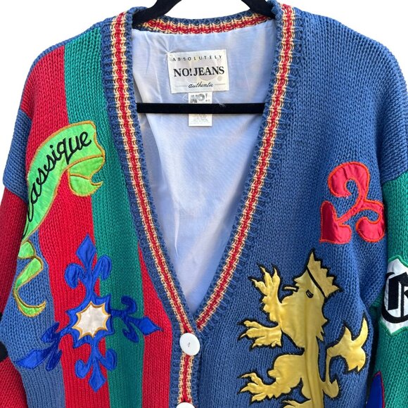 NO! Jeans Vintage 90s 80s Embroidered Knit Linen Cardigan House Of Windsor Crest - Picture 3 of 15
